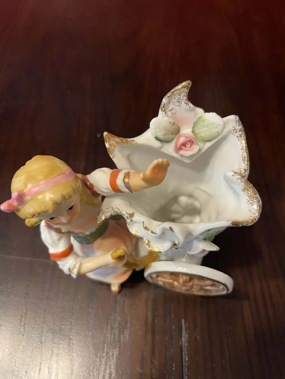 Vintage Porcelain Girl Pushing Floral Carriage Spill Vase Planter